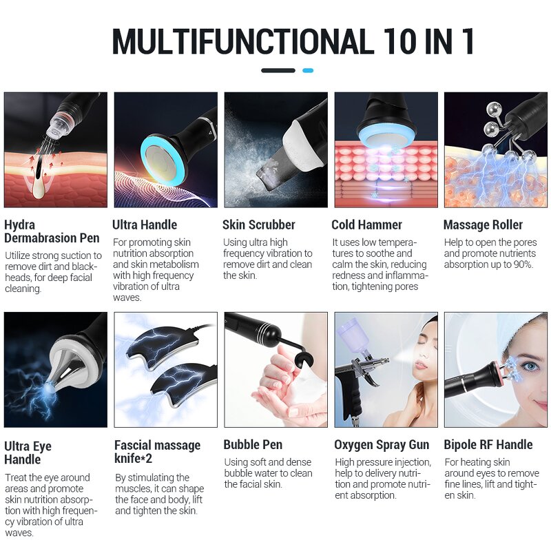 10 in 1 Hydra Aqua Peel Machine - Portable Hyro H2o2 Small Bubble Facial Device