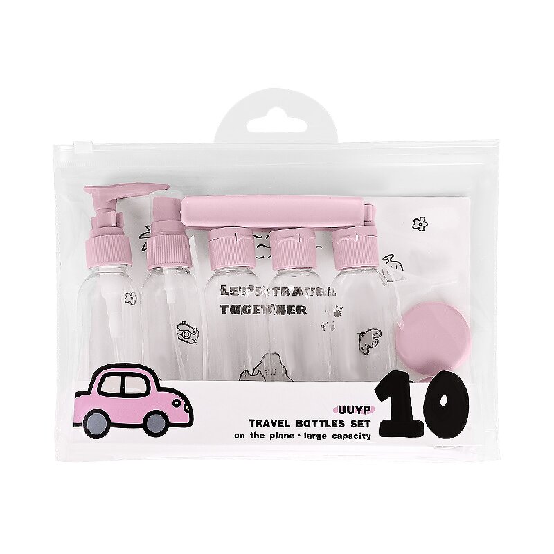 Travel Bottle Kit - 10Pcs Plastic with Folding Hair Brush Toiletries Makeup Bag