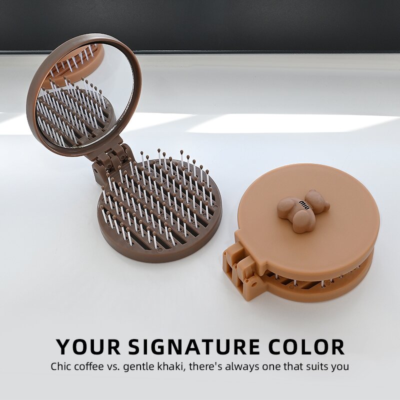 Folding Mirror Comb - Cute Cartoon Portable Round Wide Tooth Nylon ABS Travel Use