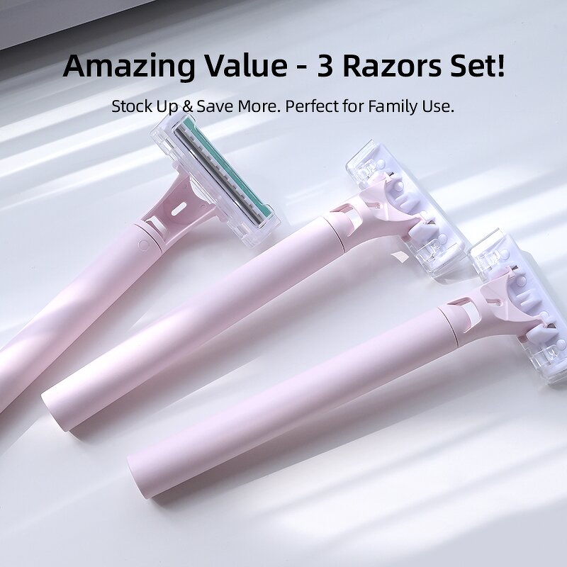 Facial Hair Razor Set - Women's Reusable 3-Piece Stainless Steel Triple Blade Holder