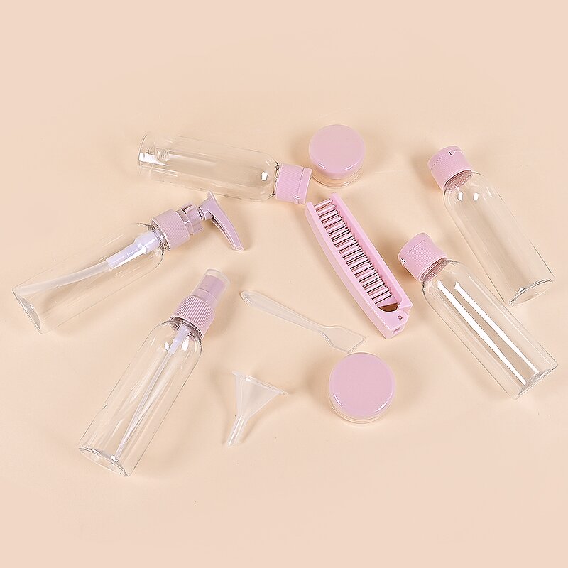 Travel Bottle Kit - 10Pcs Plastic with Folding Hair Brush Toiletries Makeup Bag