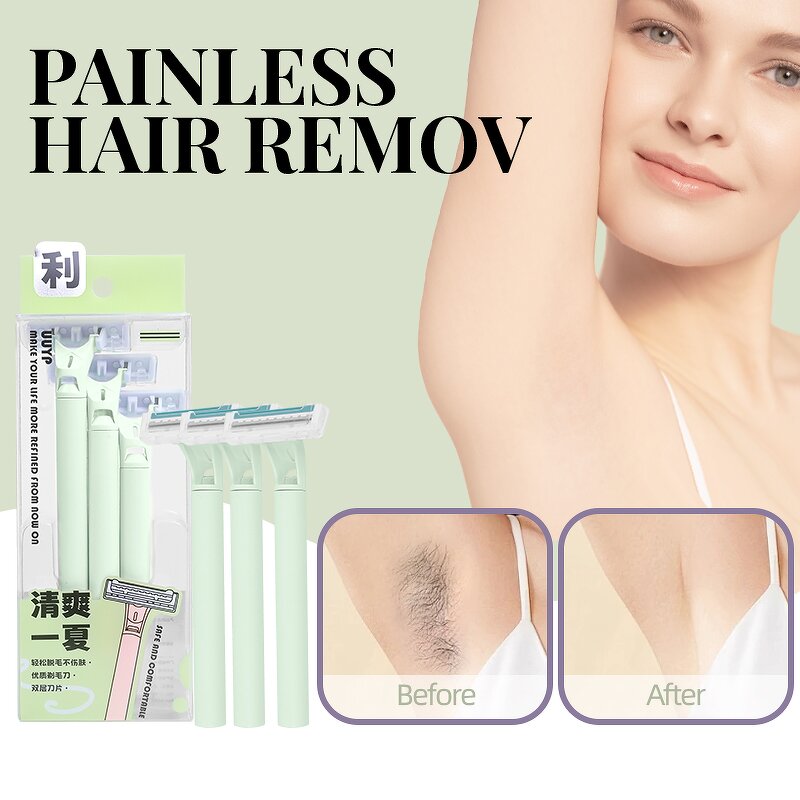 Facial Hair Razor Set - Women's Reusable 3-Piece Stainless Steel Triple Blade Holder