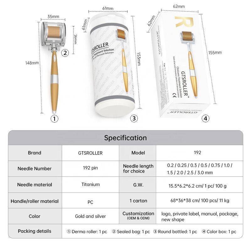 Derma Roller Manufacturer - GTS Roller 192 Hot Selling Golden Titanium Needle Therapy