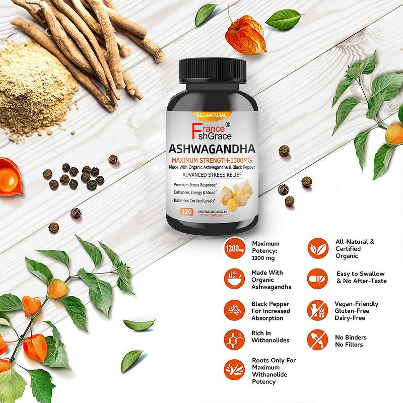 Ashwagandha Supplement - Organic Root Powder Black Pepper Extract Herbal Capsules