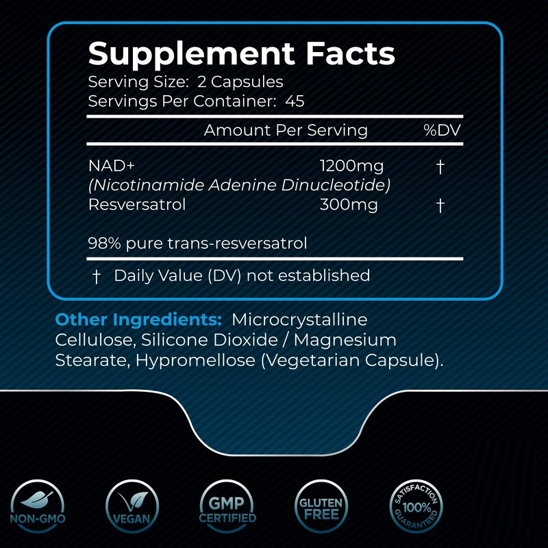 NAD Capsules - 1500mg with Resveratrol Cellular Health Stamina Aging Support
