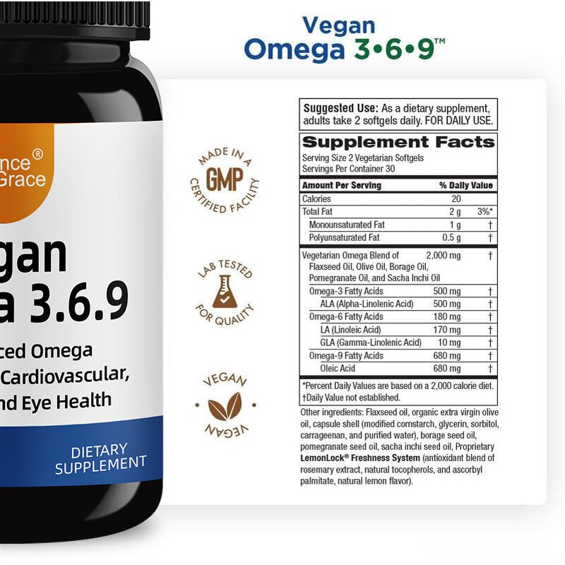 Vegan Omega 3-6-9 Softgels - Organic Plant Extracts Brain Skin Eye Health