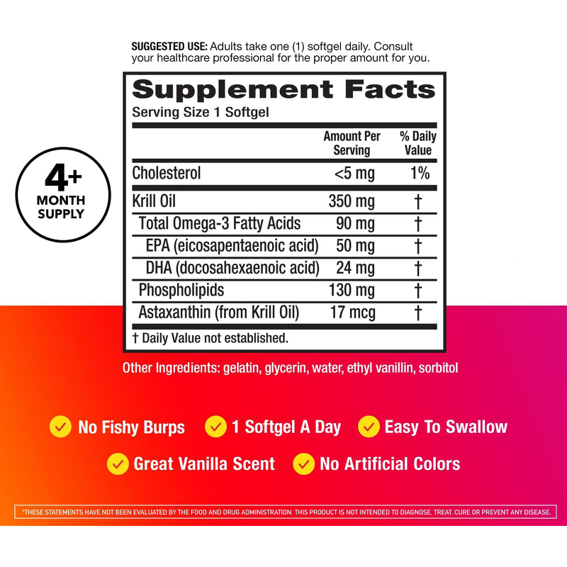 Krill Oil Softgels - 350mg Omega 3 130 Count Brain Function Support for Adults