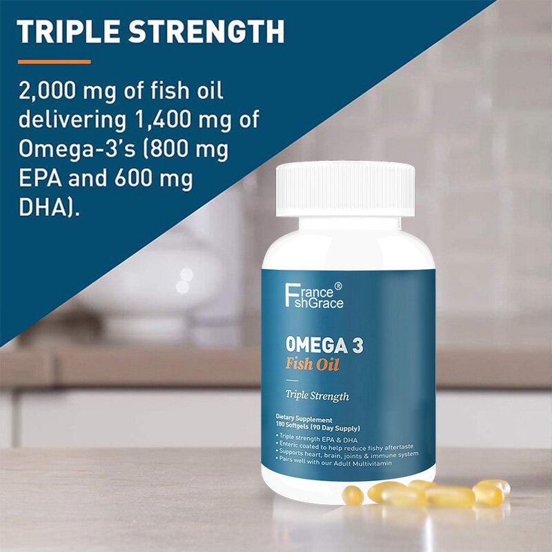 Omega 3 Fish Oil Softgels - Triple Strength 180 Count Heart Brain Immune Support