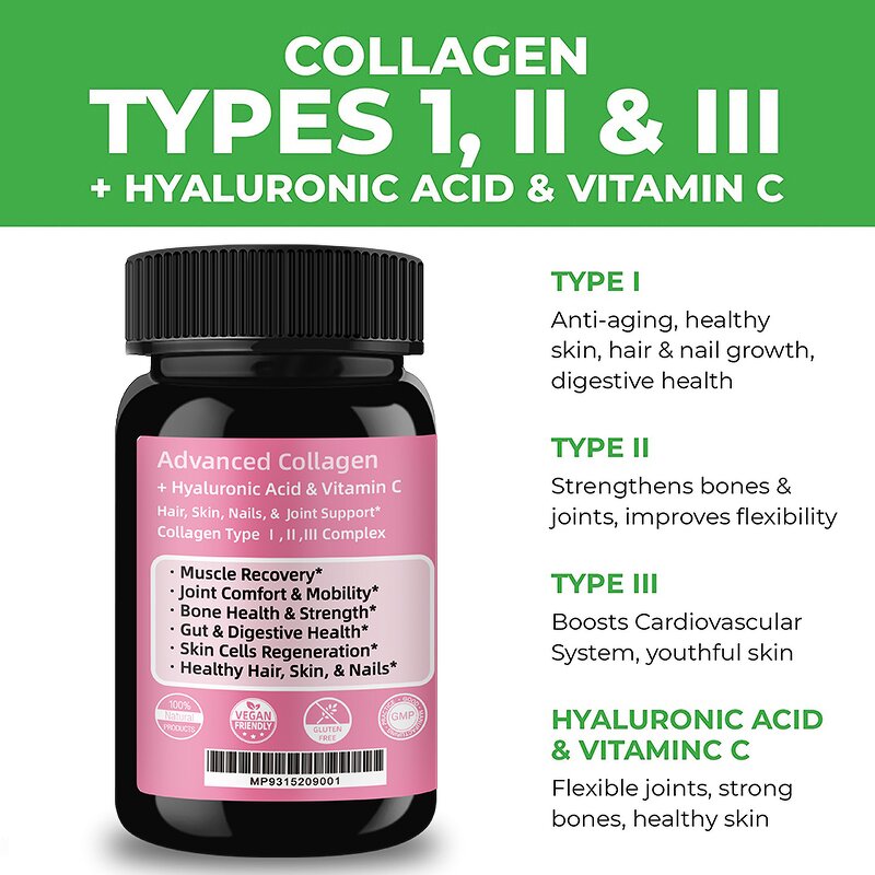 Collagen Capsules - with Hyaluronic Acid Vitamin C 120 Count Hair Skin Support