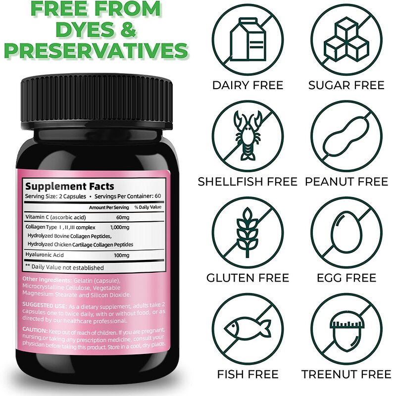 Collagen Capsules - with Hyaluronic Acid Vitamin C 120 Count Hair Skin Support