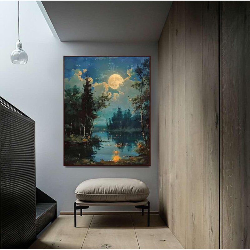 Landscape Painting Manufacturer - Abstract Moonlight Lake and Forest Night Scene for Home and Gallery