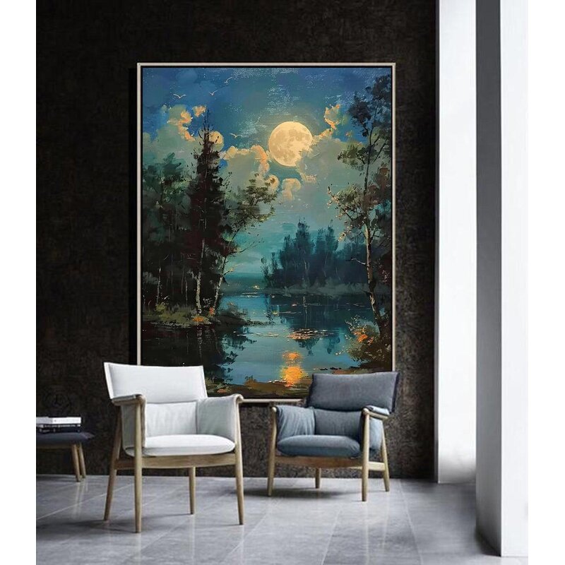 Landscape Painting Manufacturer - Abstract Moonlight Lake and Forest Night Scene for Home and Gallery