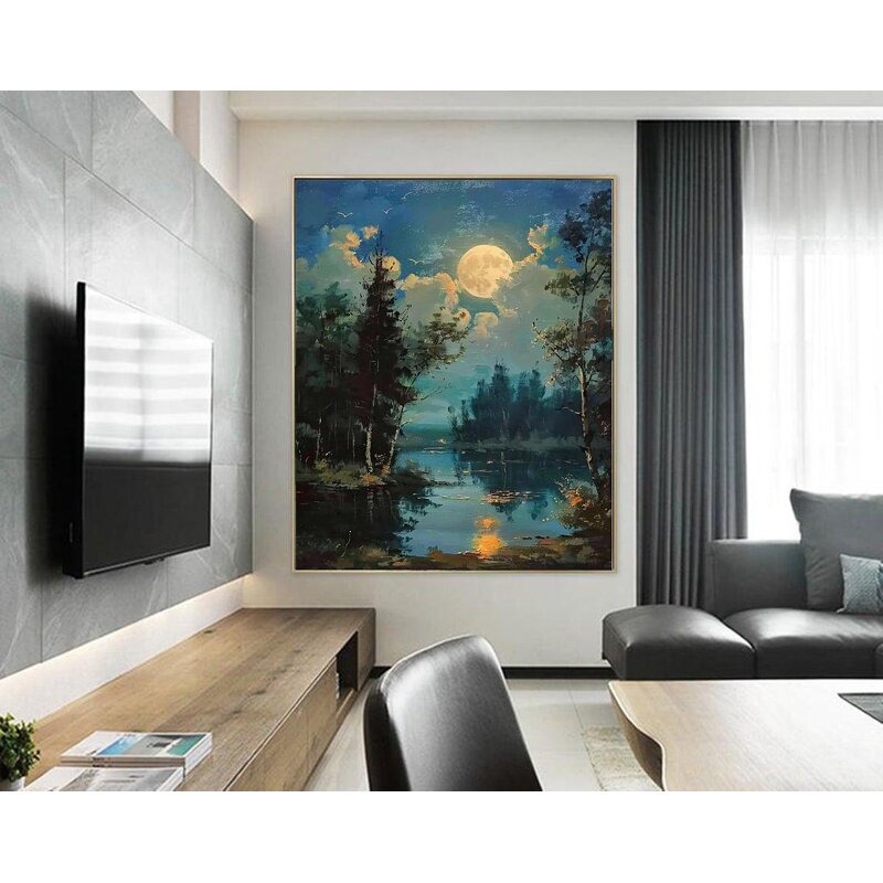 Landscape Painting Manufacturer - Abstract Moonlight Lake and Forest Night Scene for Home and Gallery