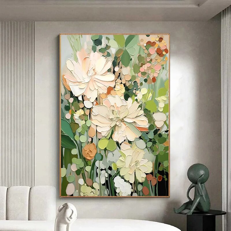 Wall Art Manufacturer - Blushing Blooms 3D Textured Still Life Impasto Palette Knife Vertical Canvas Abstract Acrylic