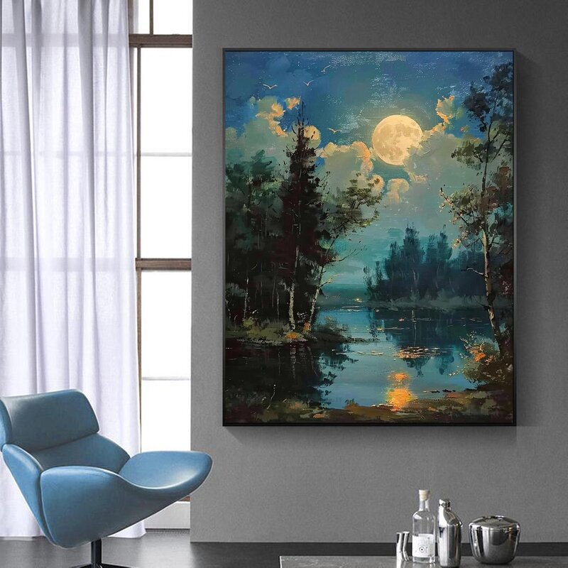 Landscape Painting Manufacturer - Abstract Moonlight Lake and Forest Night Scene for Home and Gallery