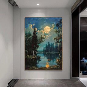 Landscape Painting Manufacturer - Abstract Moonlight Lake and Forest Night Scene for Home and Gallery