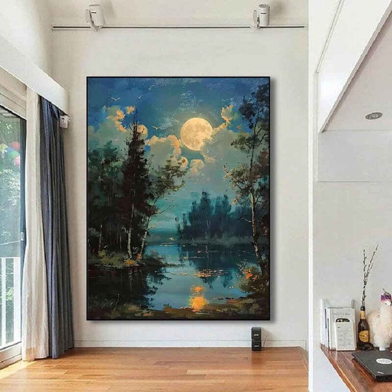 Landscape Painting Manufacturer - Abstract Moonlight Lake and Forest Night Scene for Home and Gallery