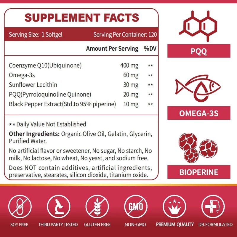 CoQ10 Softgels Factory - 400mg with PQQ BioPerine Omega 3 for Antioxidant Heart Support
