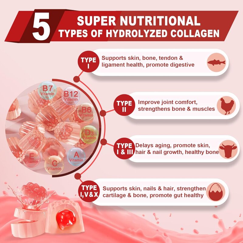 Multi Collagen Gummies - Types I II III V X Biotin Skin Whitening Hair Growth