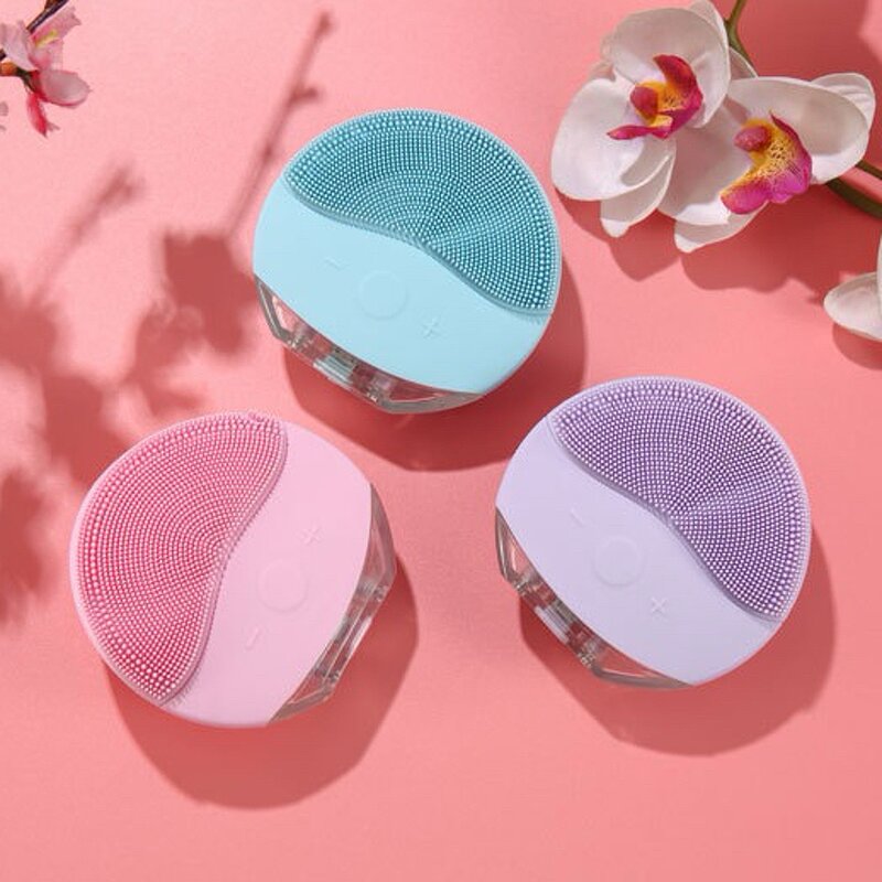 Korean Electric Facial Brush - 12 Speeds Rechargeable Pink Purple Blue Silicone Tool