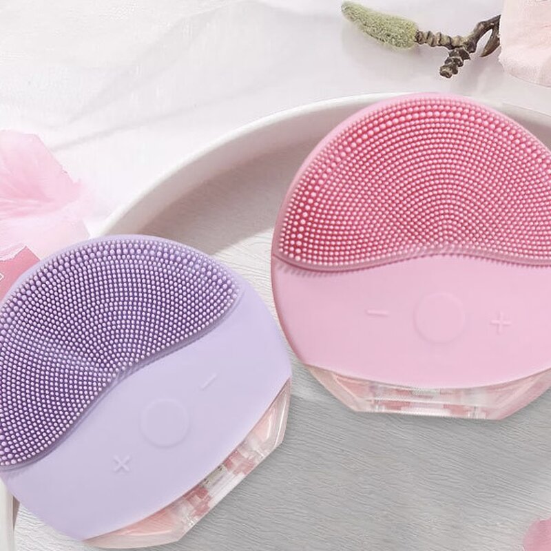 Korean Electric Facial Brush - 12 Speeds Rechargeable Pink Purple Blue Silicone Tool