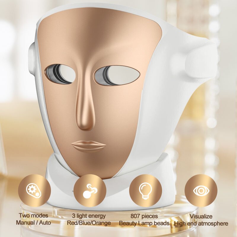3 Color LED Facial Neck Mask - Rechargeable 807 Lamp Beads Photon Red Light Therapy