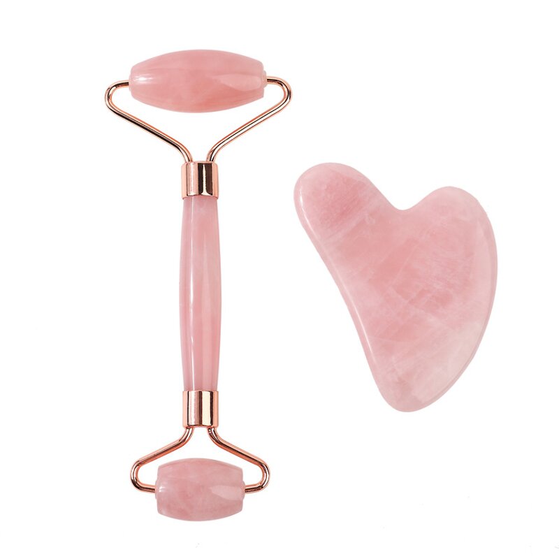 Rose Quartz Roller Gua Sha - Natural Crystal Facial Skin Care Massage Set