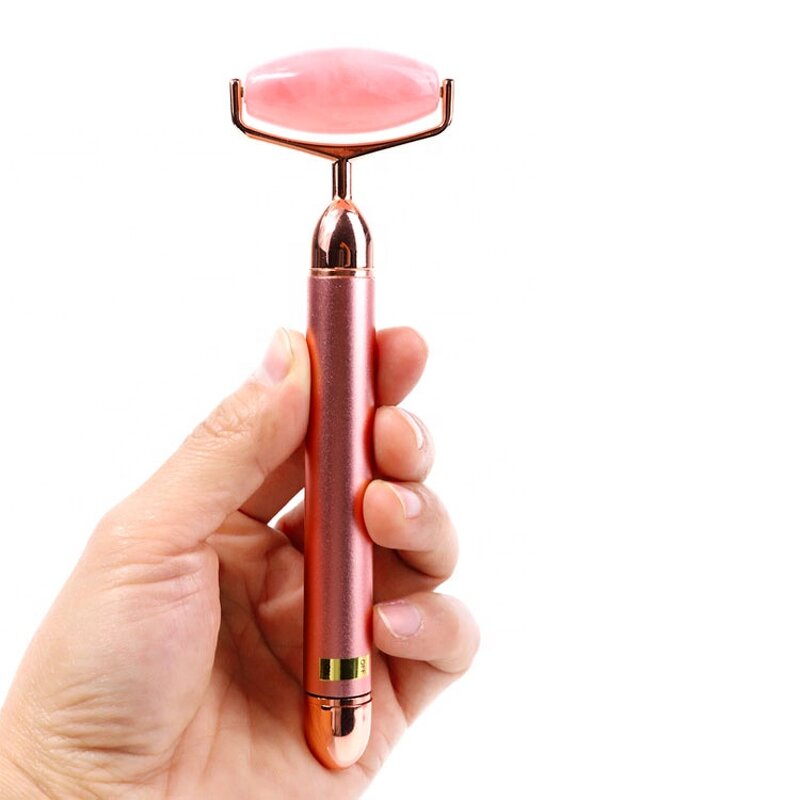 Electric Rose Quartz Roller - Natural Crystal Vibrating Facial Massage Product