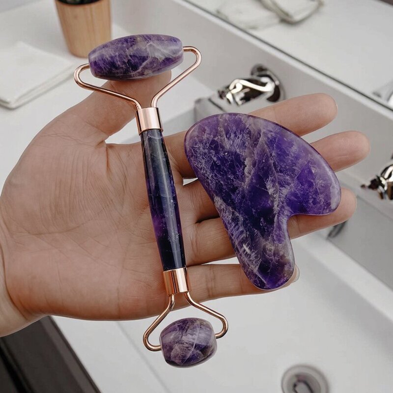 Jade Roller Gua Sha Set - Custom Green Rose Quartz Facial Body Neck Massager