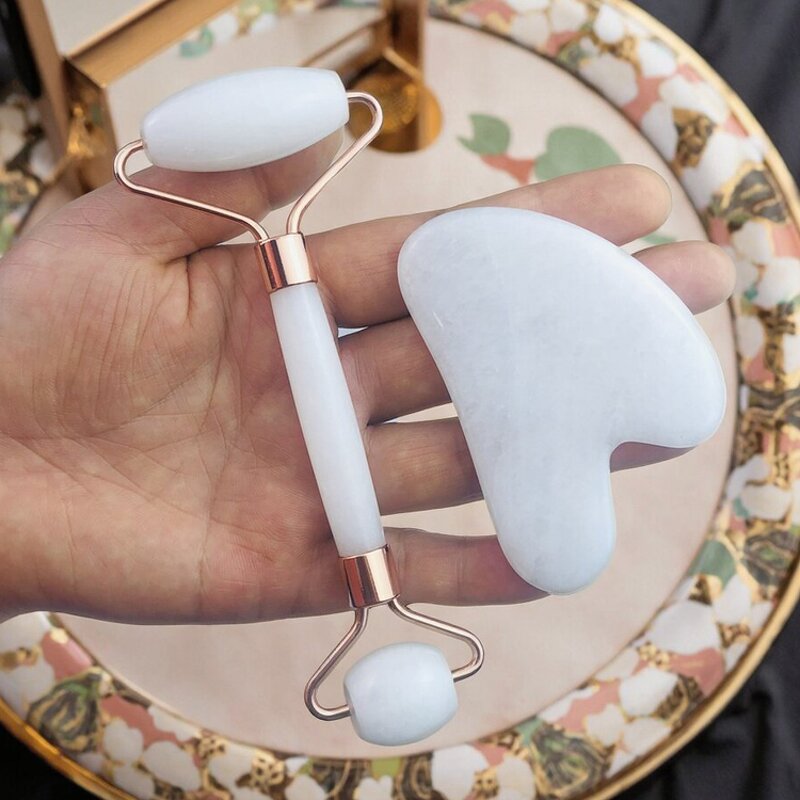 Jade Roller Gua Sha Set - Nephrite Rose Quartz Anti Aging Facial Massage Tool