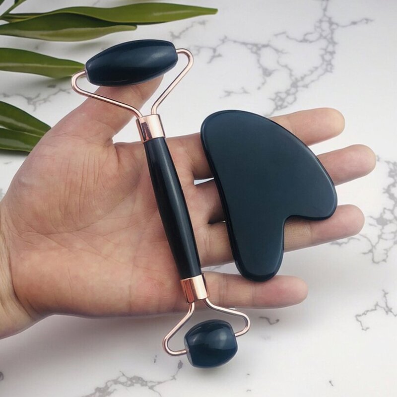 Jade Roller Gua Sha Set - Nephrite Rose Quartz Anti Aging Facial Massage Tool