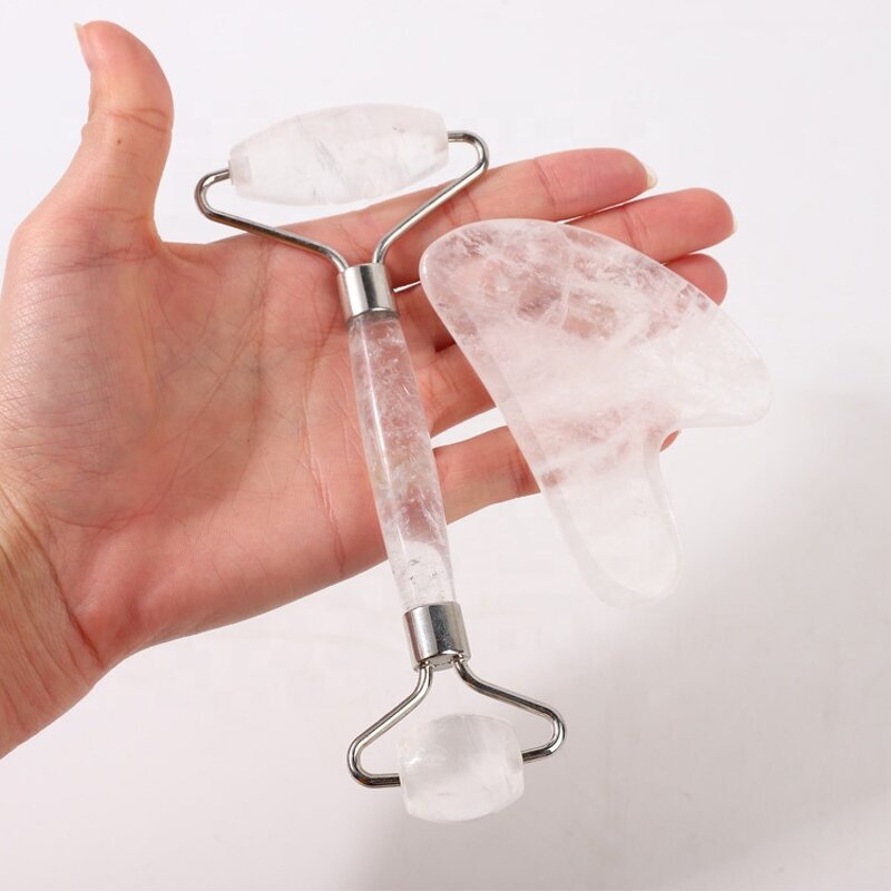 Clear Jade Roller Gua Sha - Natural Crystal Quartz Facial Massage Set with Box