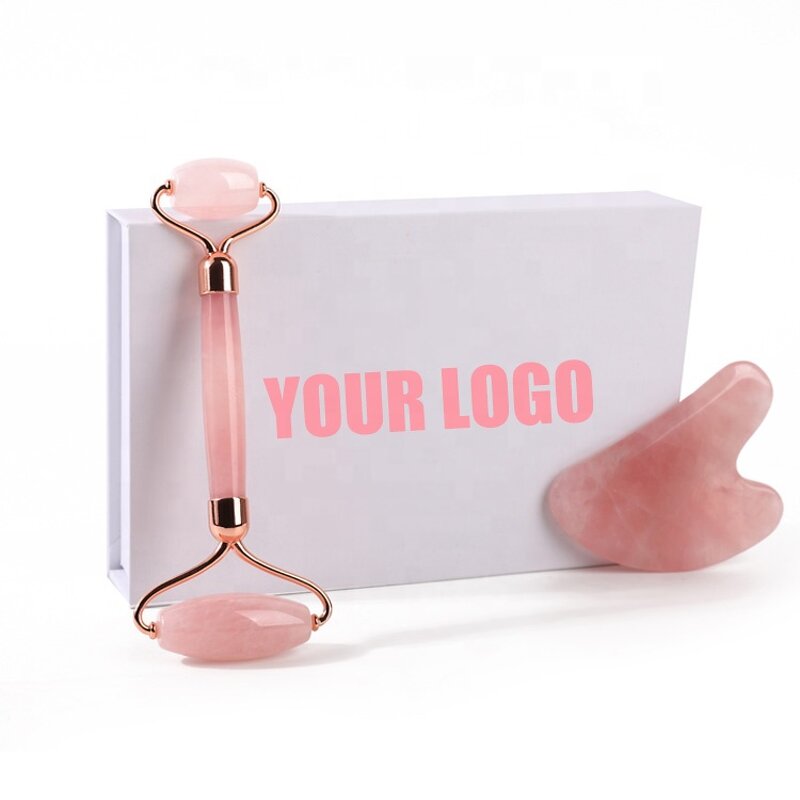 Rose Quartz Roller Gua Sha - 2 in 1 Custom Logo Crystal Facial Massager Set