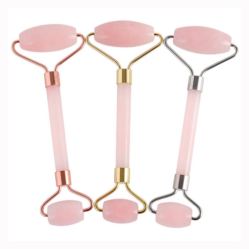 3D Rose Quartz Roller - Noiseless Genuine Pink Stone Facial Massager Tool