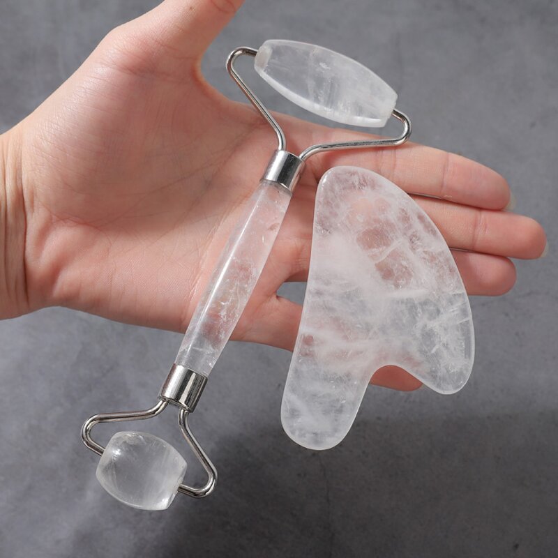 Clear Jade Roller Gua Sha - Natural Crystal Quartz Facial Massage Set with Box