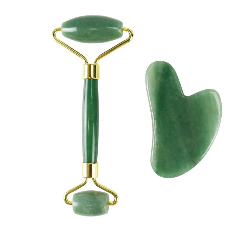 Jade Roller Gua Sha Set - Custom Green Rose Quartz Facial Body Neck Massager