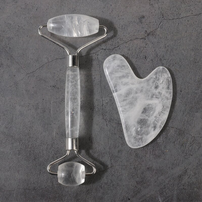 Clear Jade Roller Gua Sha - Natural Crystal Quartz Facial Massage Set with Box