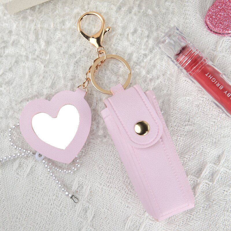 Keychain Mirror Manufacturer - High Quality Portable PU Leather Heart Small Lipstick Holder for Women