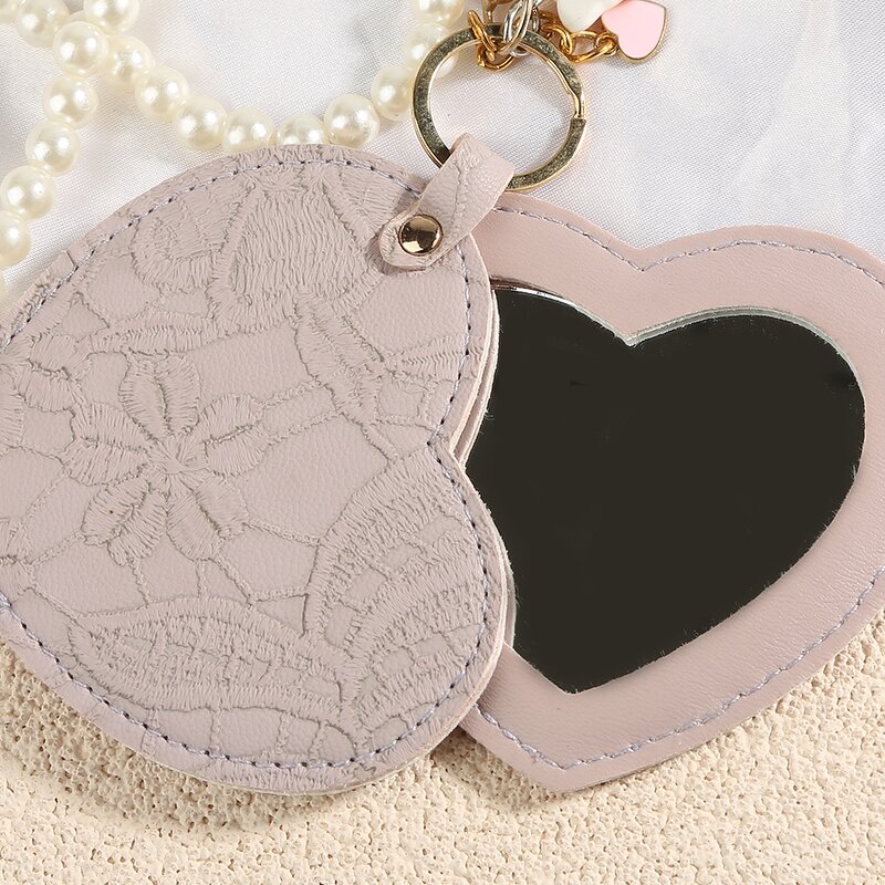 Keychain Mirror Manufacturer - Women Girls Portable Mini Heart-Shaped Cosmetic Compact Travel PU Leather
