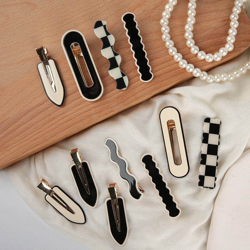 Hair Barrettes Manufacturer - Vintage Traceless Black White Checker Acetate Non Slip Metal Korean