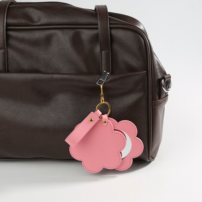 Makeup Mirror Manufacturer - Custom Logo Portable Travel Cosmetic Flower Design Pu Leather Small with Metal Keychain