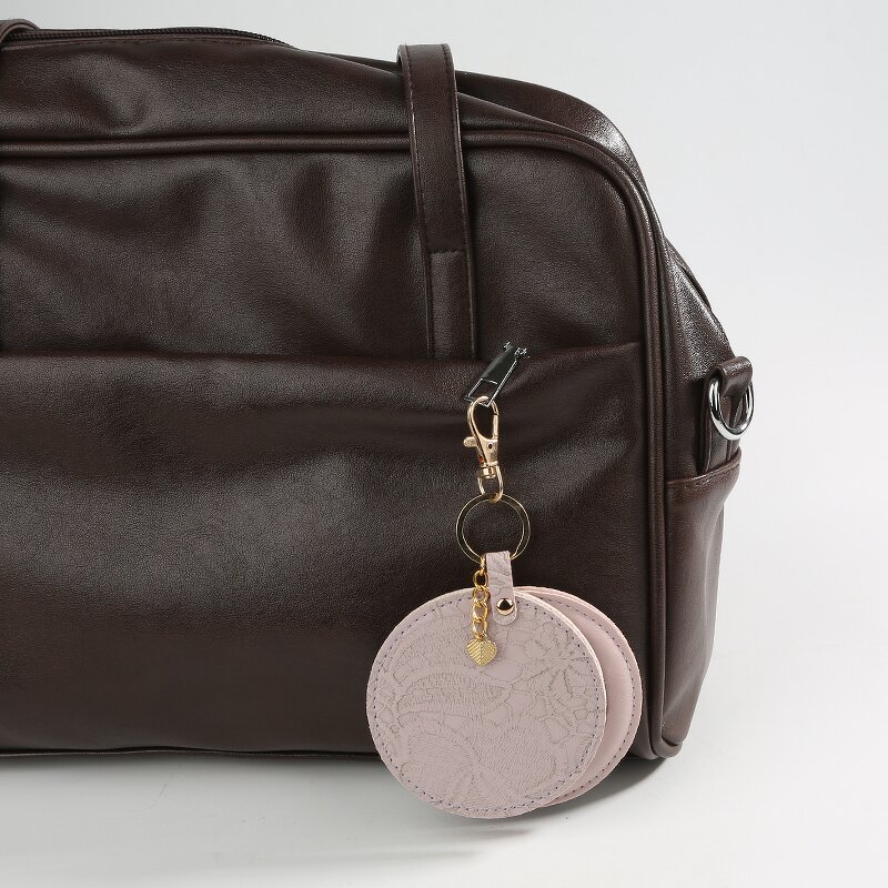 Keychain Mirror Manufacturer - Custom Logo Round Leather Car Bag Key Ring Pu Leather Travel Pocket Mirror