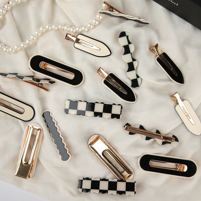Hair Barrettes Manufacturer - Vintage Traceless Black White Checker Acetate Non Slip Metal Korean