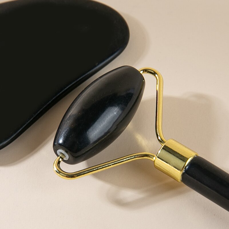 Gua Sha Set Manufacturer - Custom LOGO Natural Black Jade Stone Board Jade Roller and Facial Massage