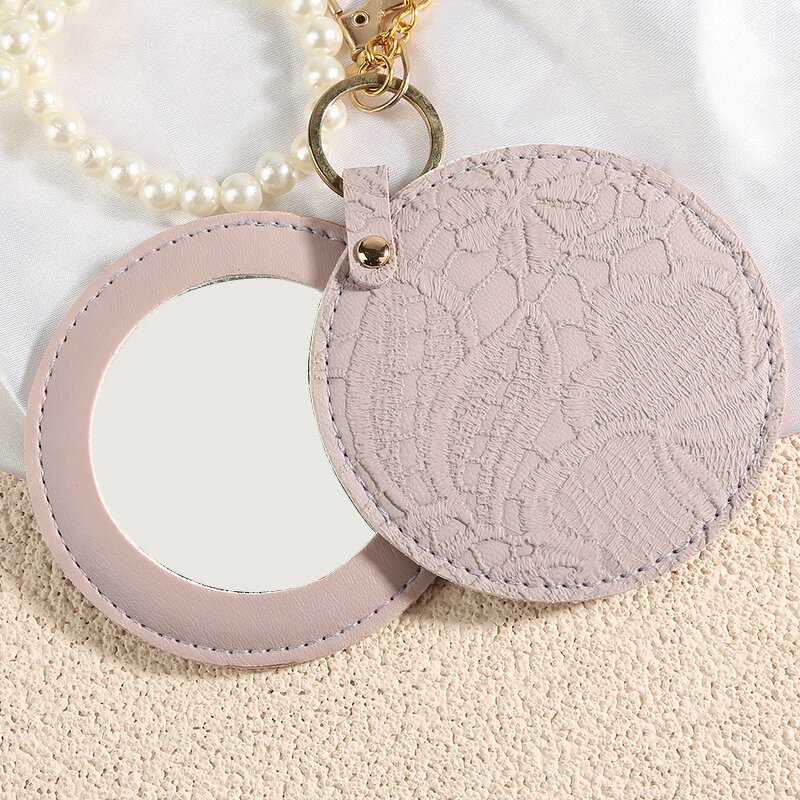Keychain Mirror Manufacturer - Custom Logo Round Leather Car Bag Key Ring Pu Leather Travel Pocket Mirror