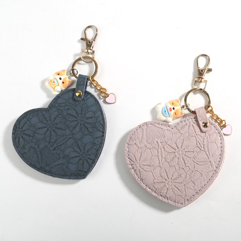 Keychain Mirror Manufacturer - Women Girls Portable Mini Heart-Shaped Cosmetic Compact Travel PU Leather
