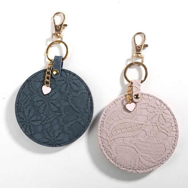 Keychain Mirror Manufacturer - Custom Logo Round Leather Car Bag Key Ring Pu Leather Travel Pocket Mirror