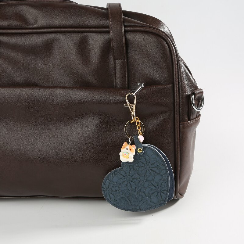 Keychain Mirror Manufacturer - Women Girls Portable Mini Heart-Shaped Cosmetic Compact Travel PU Leather