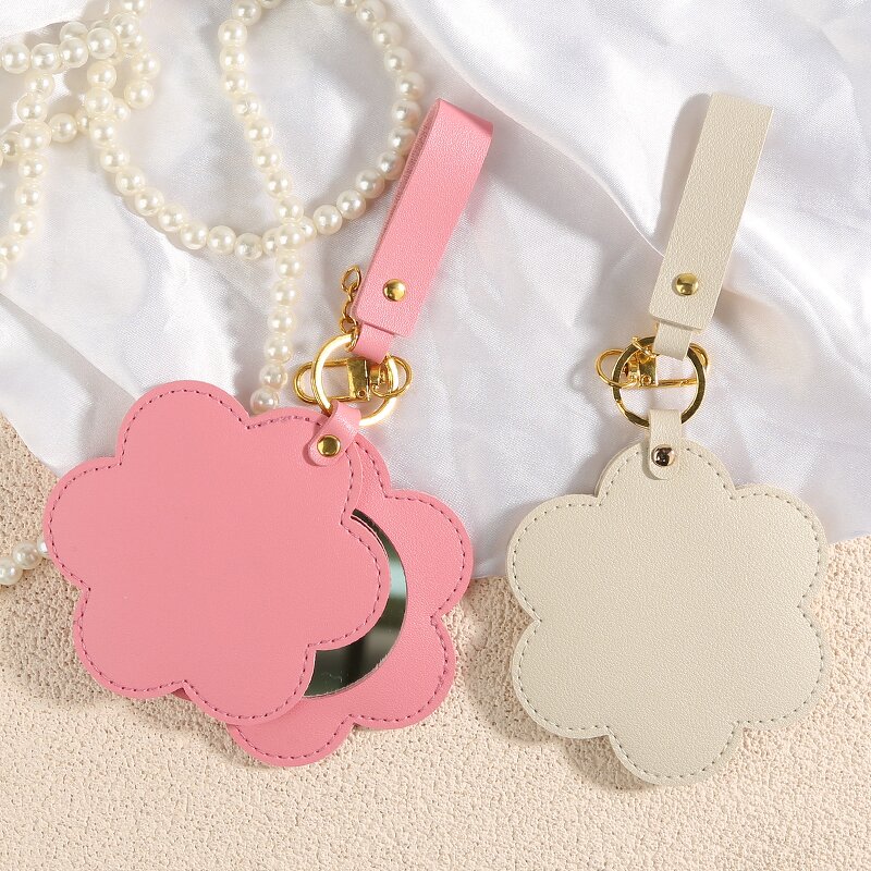 Makeup Mirror Manufacturer - Custom Logo Portable Travel Cosmetic Flower Design Pu Leather Small with Metal Keychain