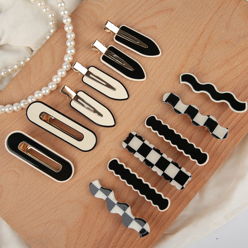Hair Barrettes Manufacturer - Vintage Traceless Black White Checker Acetate Non Slip Metal Korean